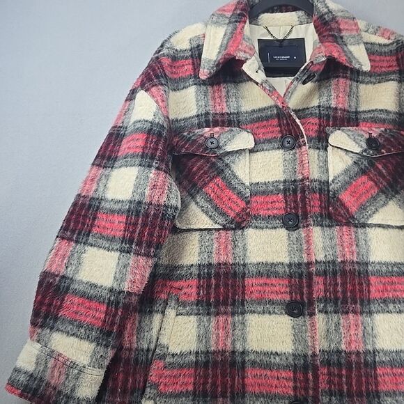 Lucky Brand Plaid Oversized Shirt Jacket Women's XL Shacket Beige Lined Heavy - Picture 6 of 11